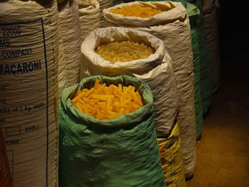 Open sacks of dried pasta